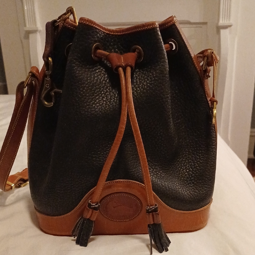 Vintage Dooney & Bourke Brown and Black Teton Leather Bucket Bag